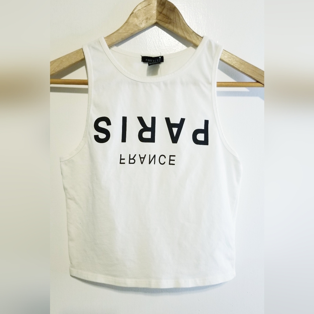 Forever 21 PARIS France Print Black White Sleeveless Crop Tank Top